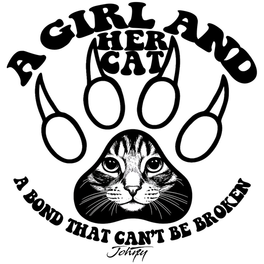 T-shirt in multiple colour options featuring the design “A Girl and Her Cat – A Bond That Can’t Be Broken,” with a detailed cat face inside a paw print. A heartfelt gift for cat lovers celebrating the special bond between girls and their cats.