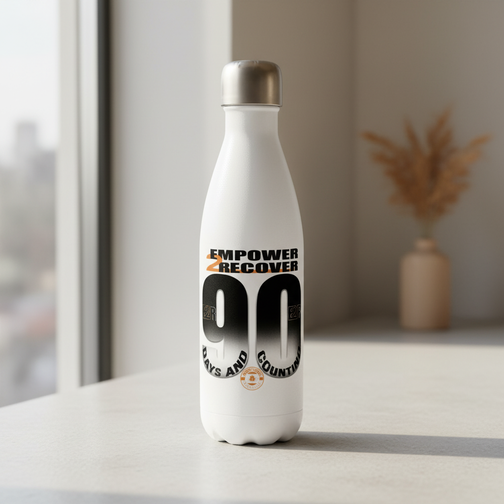 Empower2Recover 90 Days and Counting white recovery water bottle on a light stone surface in natural daylight by JohnyT