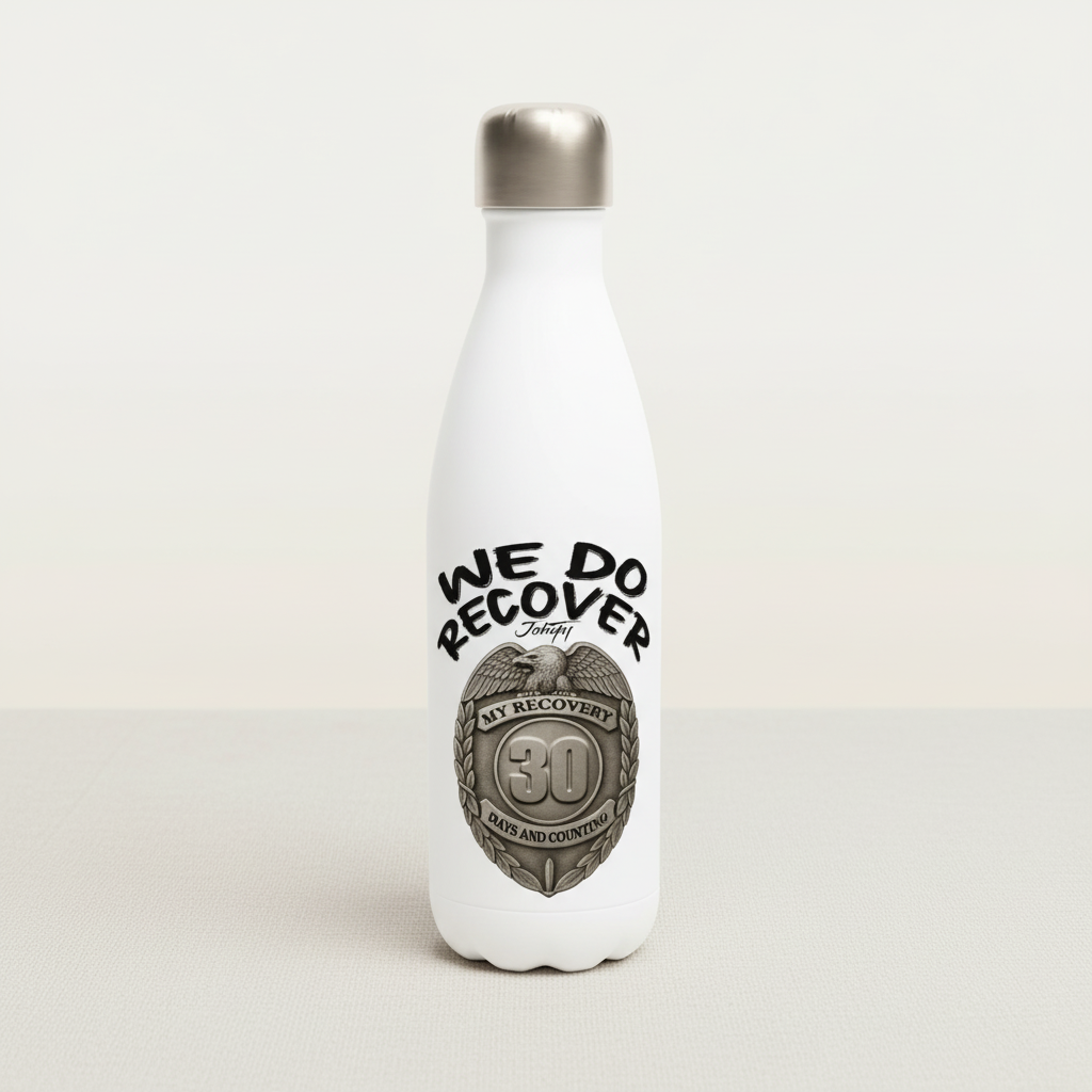 JohnyT We Do Recover 30 Days stainless steel water bottle displayed on soft fabric surface with gentle natural lighting