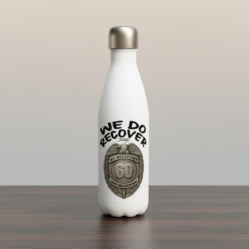 JohnyT We Do Recover 60 Days stainless steel water bottle displayed on dark wood surface with soft natural lighting