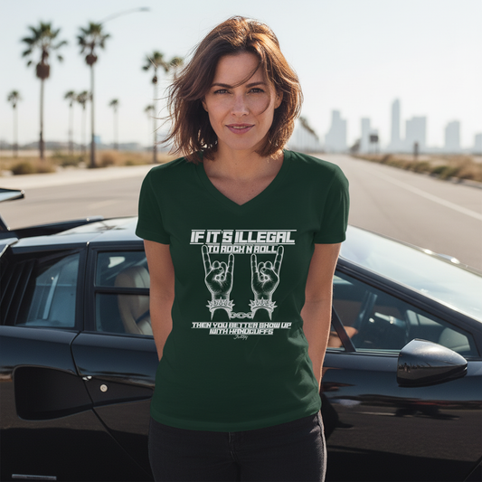 Woman wearing a dark green V-neck t-shirt with the bold quote: "If it's illegal to rock n' roll, then you better show up with handcuffs." Posed in front of a sleek car with palm trees and city skyline in the background, embodying rock ‘n’ roll spirit and style.