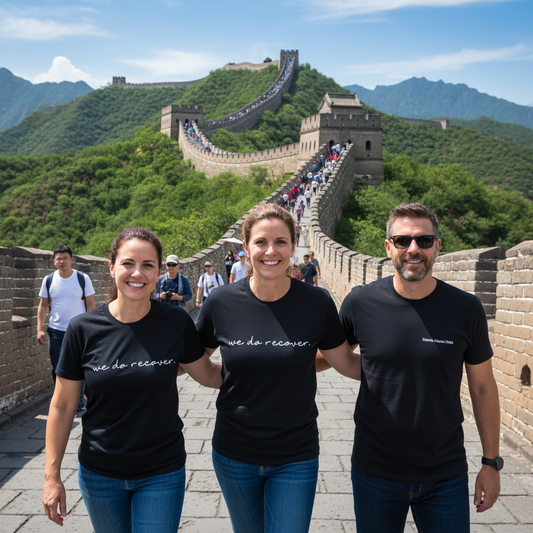 Three people walking arm in arm on the Great Wall of China wearing black T-shirts with white handwritten text that reads “we do recover.” representing unity, strength, and hope in recovery