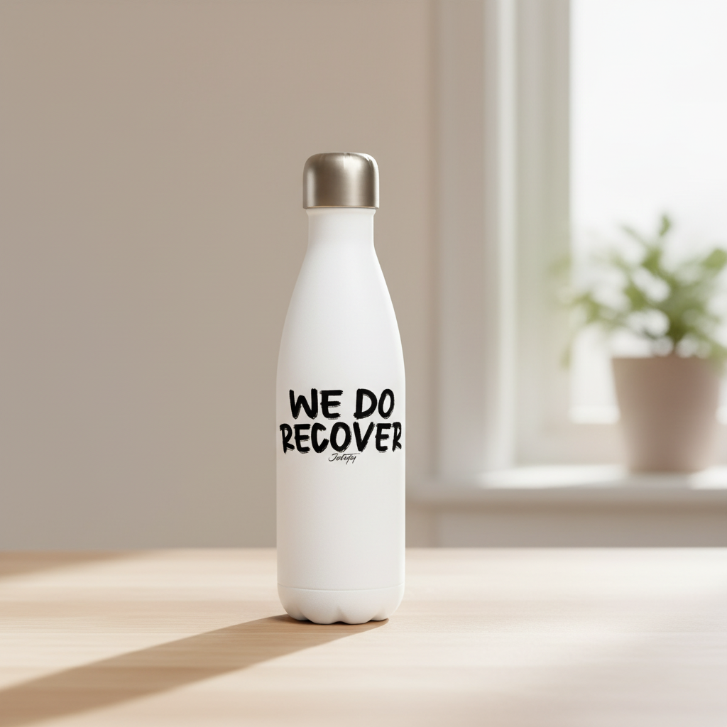 White We Do Recover water bottle on a wooden desk in natural light, minimalist recovery lifestyle image by JohnyT