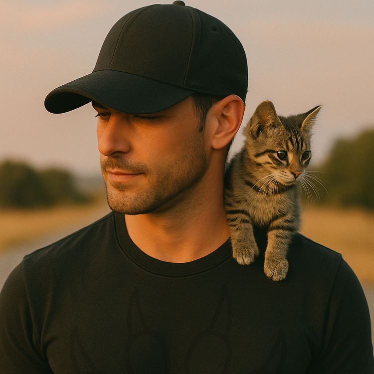 “Cat Lovers Collection image featuring a smiling couple surrounded by affectionate cats and kittens, symbolizing love and family. Text reads ‘Cat Lover Apparel – Because They Are Family by Johny.’ Perfect banner for cat lover apparel.”