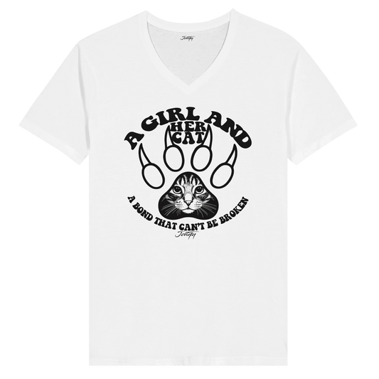 “White V-neck t-shirt reading ‘A Girl and Her Cat,’ heartfelt gift for cat moms and feline lovers.”