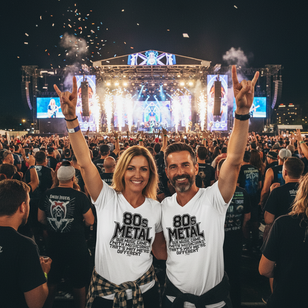 Couple wearing matching "80s METAL - Our music came with musicians, that's why we're different" t-shirts at an electrifying live concert. Surrounded by an enthusiastic crowd and stage pyrotechnics, this image captures the energy of 80s metal culture and the power of music.