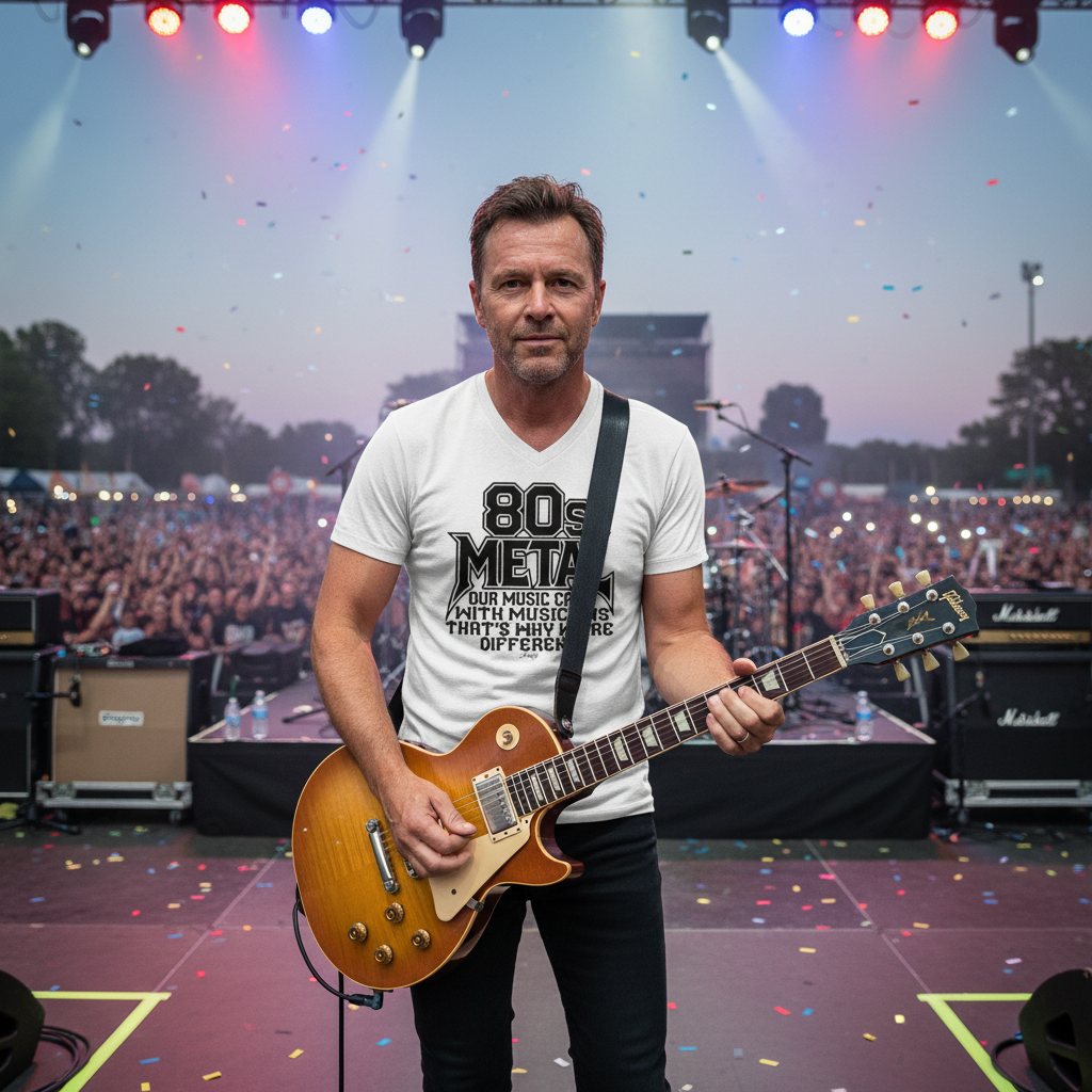 Guitarist wearing a white "80s METAL - Our music came with musicians, that's why we're different" t-shirt on stage at a concert, surrounded by a crowd and confetti. A powerful image for metal music fans celebrating the impact of 80s rock musicians.