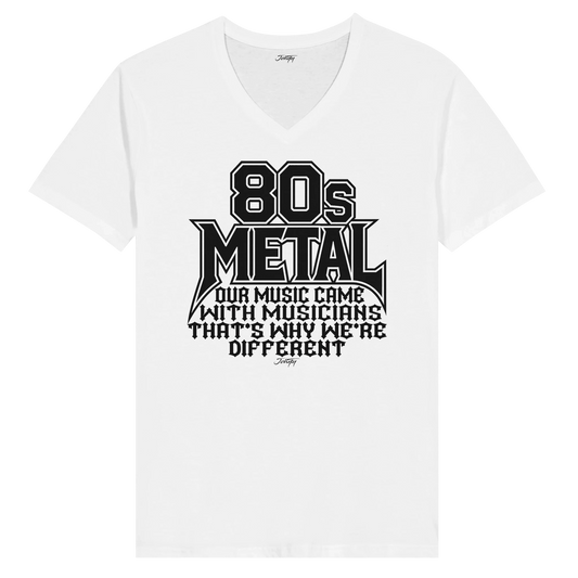 White V-neck t-shirt featuring the bold 80s metal design: "Our music came with musicians, that's why we're different." A powerful statement for metal music lovers, celebrating the musicianship and impact of 80s metal.