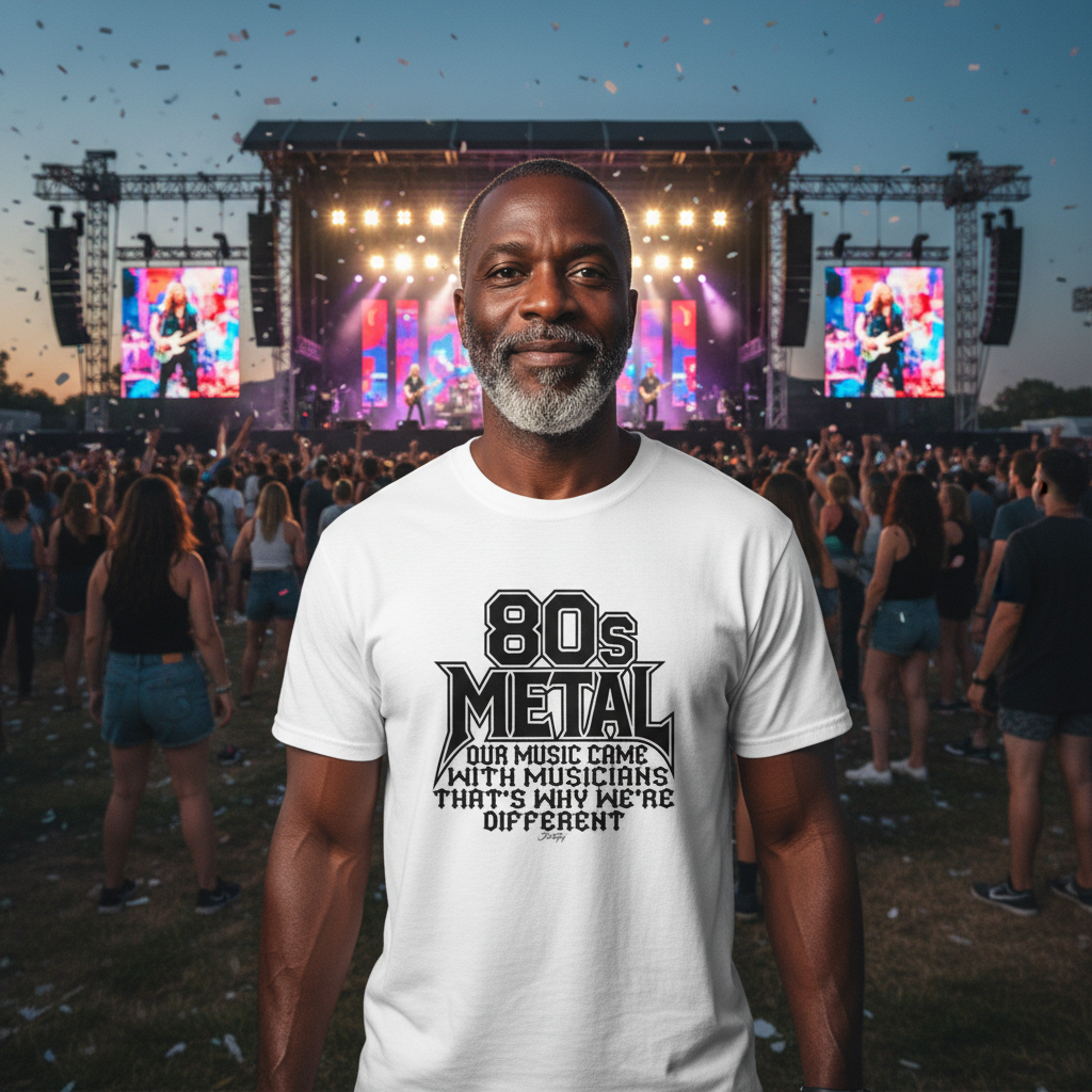 Man wearing an “80s Metal” T-shirt standing at an outdoor rock concert with a crowd and stage behind him.