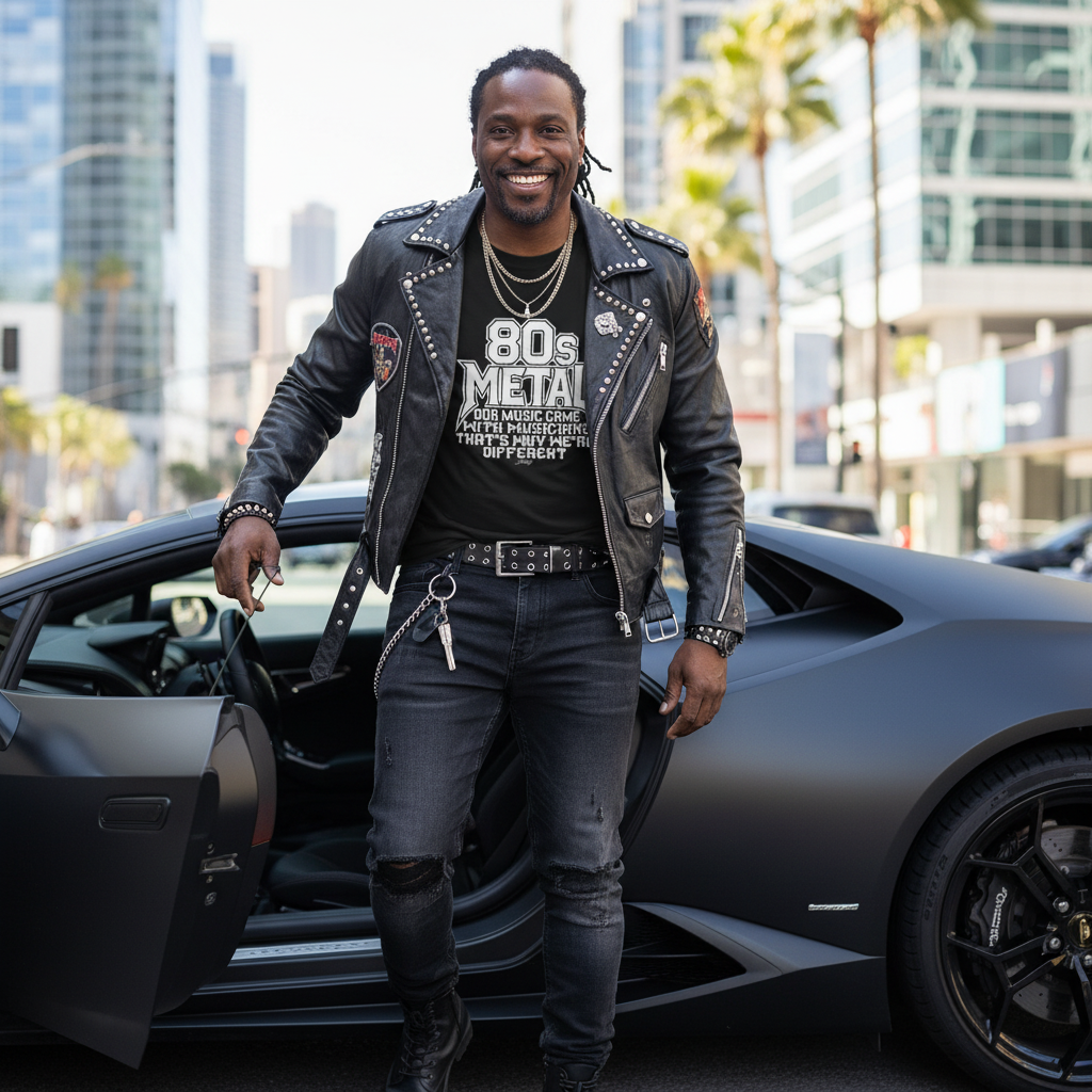 Man in a studded leather jacket wearing an “80s Metal” T-shirt standing beside a matte black supercar on a city street.