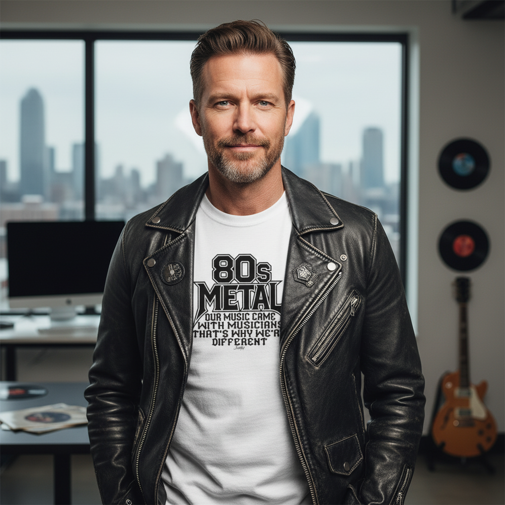 Man in a leather jacket wearing an “80s Metal” T-shirt while standing in a music studio with guitars and vinyl on the walls.