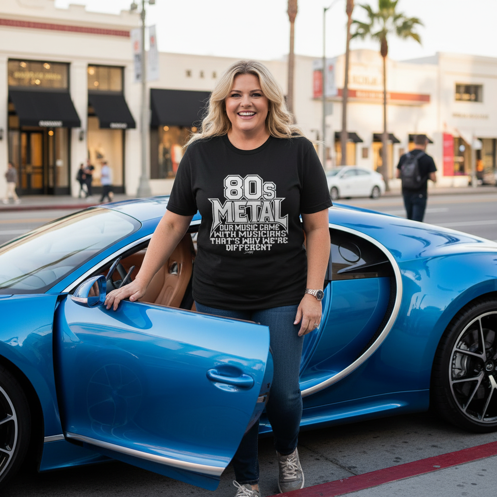 Woman wearing an “80s Metal” T-shirt standing beside a blue supercar on a city street.