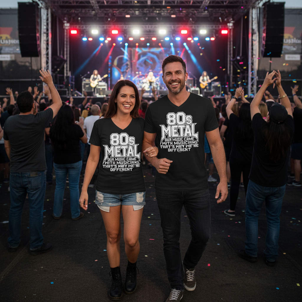Man and woman wearing matching “80s Metal” T-shirts walking together at an outdoor rock concert.