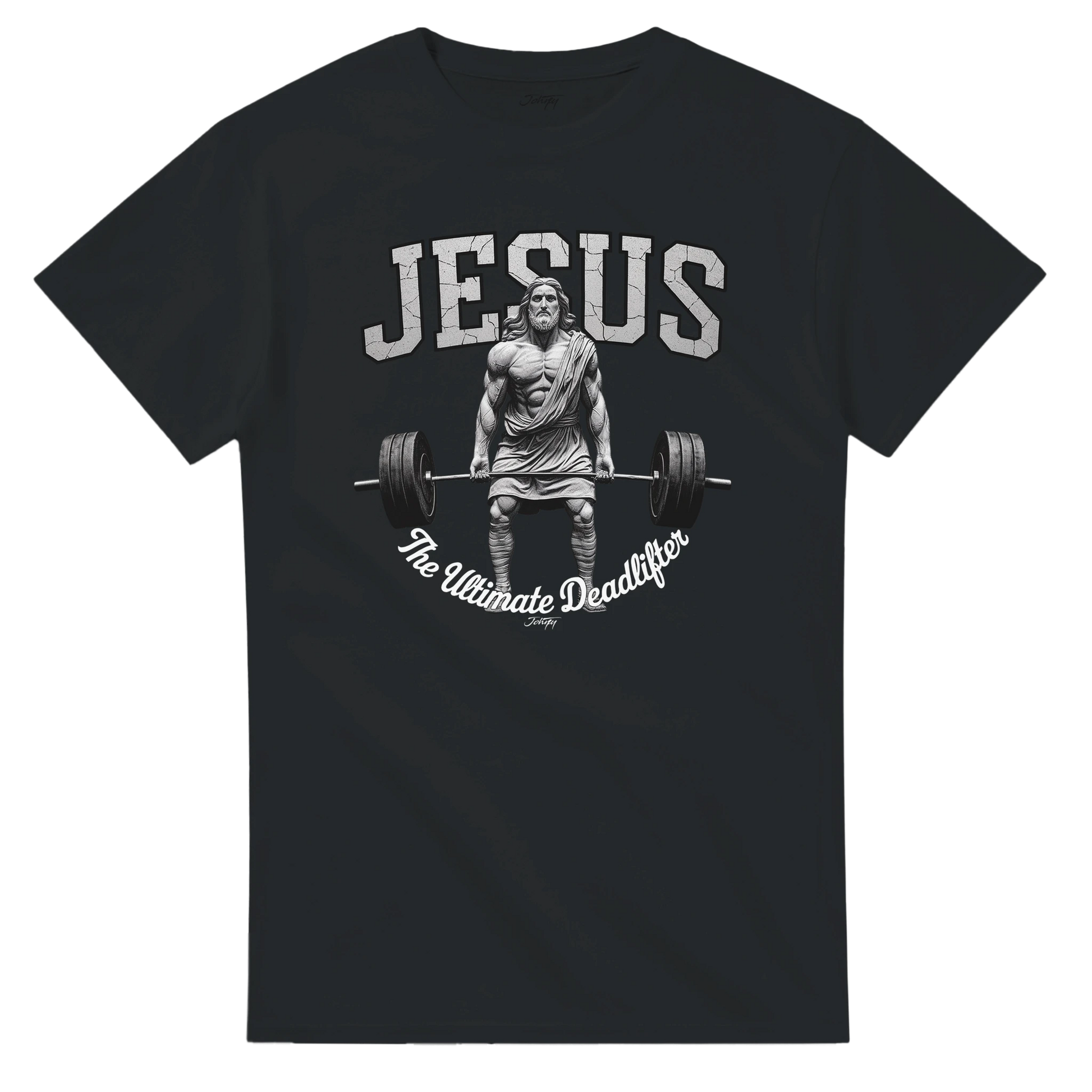 “Jesus The Ultimate Deadlifter T-shirt featuring muscular Jesus lifting barbell. Faith-inspired gym and Christian fitness apparel by Johny-T Apparel.”