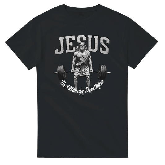 “Jesus The Ultimate Deadlifter T-shirt featuring muscular Jesus lifting barbell. Faith-inspired gym and Christian fitness apparel by Johny-T Apparel.”