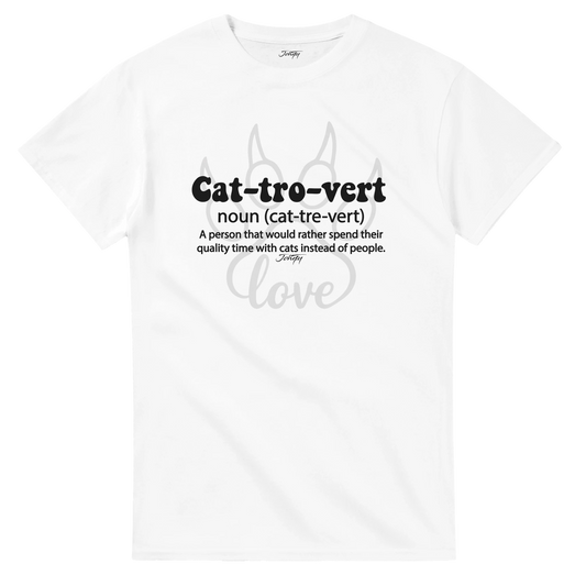 White unisex T-shirt with the quote “Cat-tro-vert — noun (cat-tre-vert): A person that would rather spend their quality time with cats instead of people,” ideal for cat lovers and introverts; available in multiple colors.
