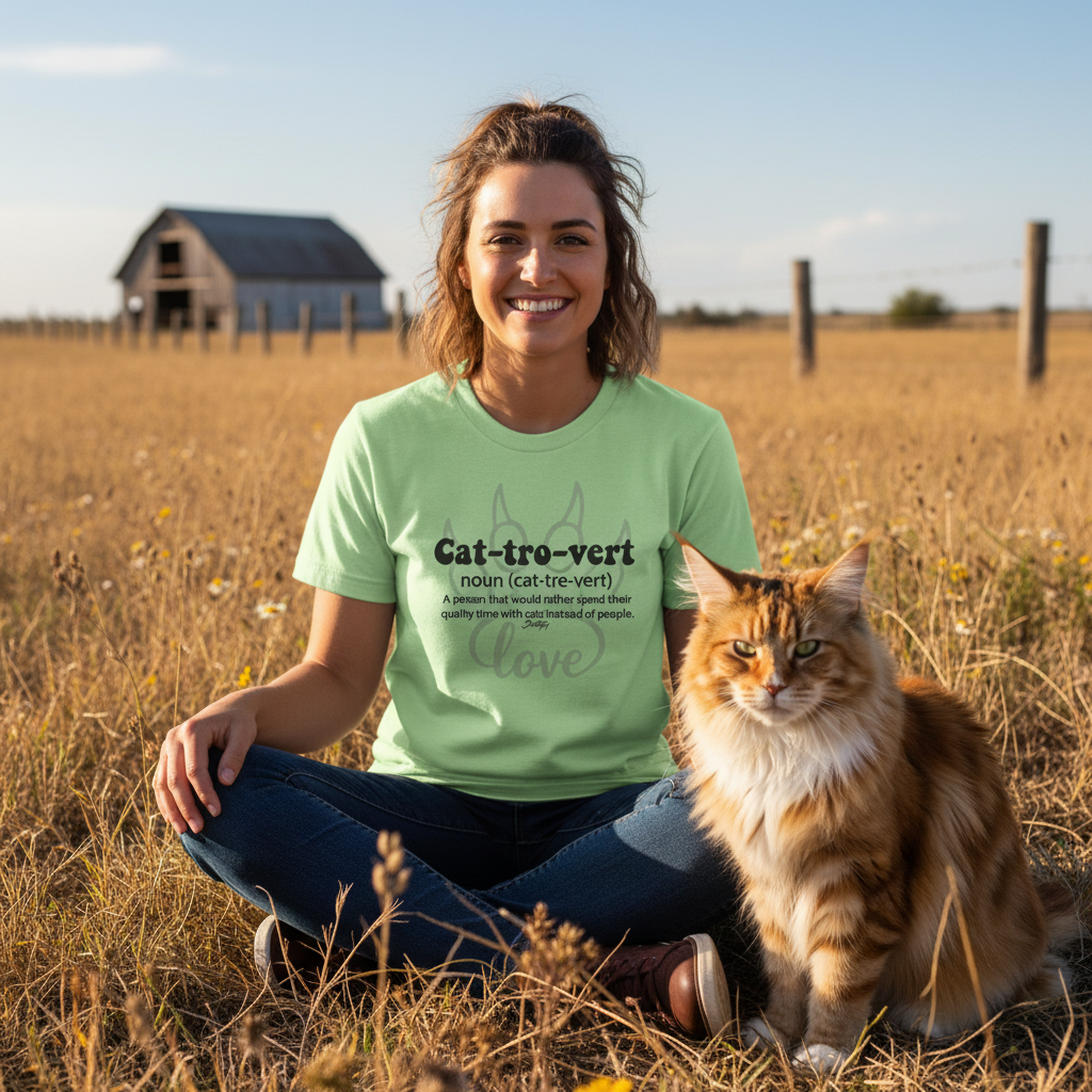 Woman sitting in a sunny field wearing a light green “Cat-tro-vert” T-shirt with the quote “A person that would rather spend their quality time with cats instead of people,” smiling beside a fluffy orange cat — cozy lifestyle mockup showcasing cat lover apparel in multiple color options.