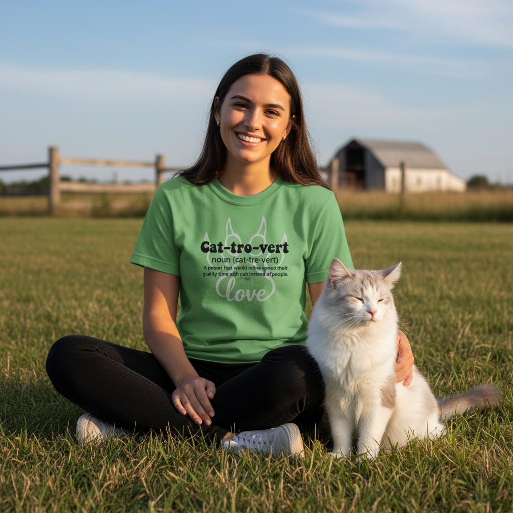 Smiling young woman sitting in a grassy field wearing a light green “Cat-tro-vert” T-shirt with the quote “A person that would rather spend their quality time with cats instead of people,” beside her relaxed white and gray cat near a rustic barn — cozy outdoor cat lover lifestyle mockup available in multiple colors.