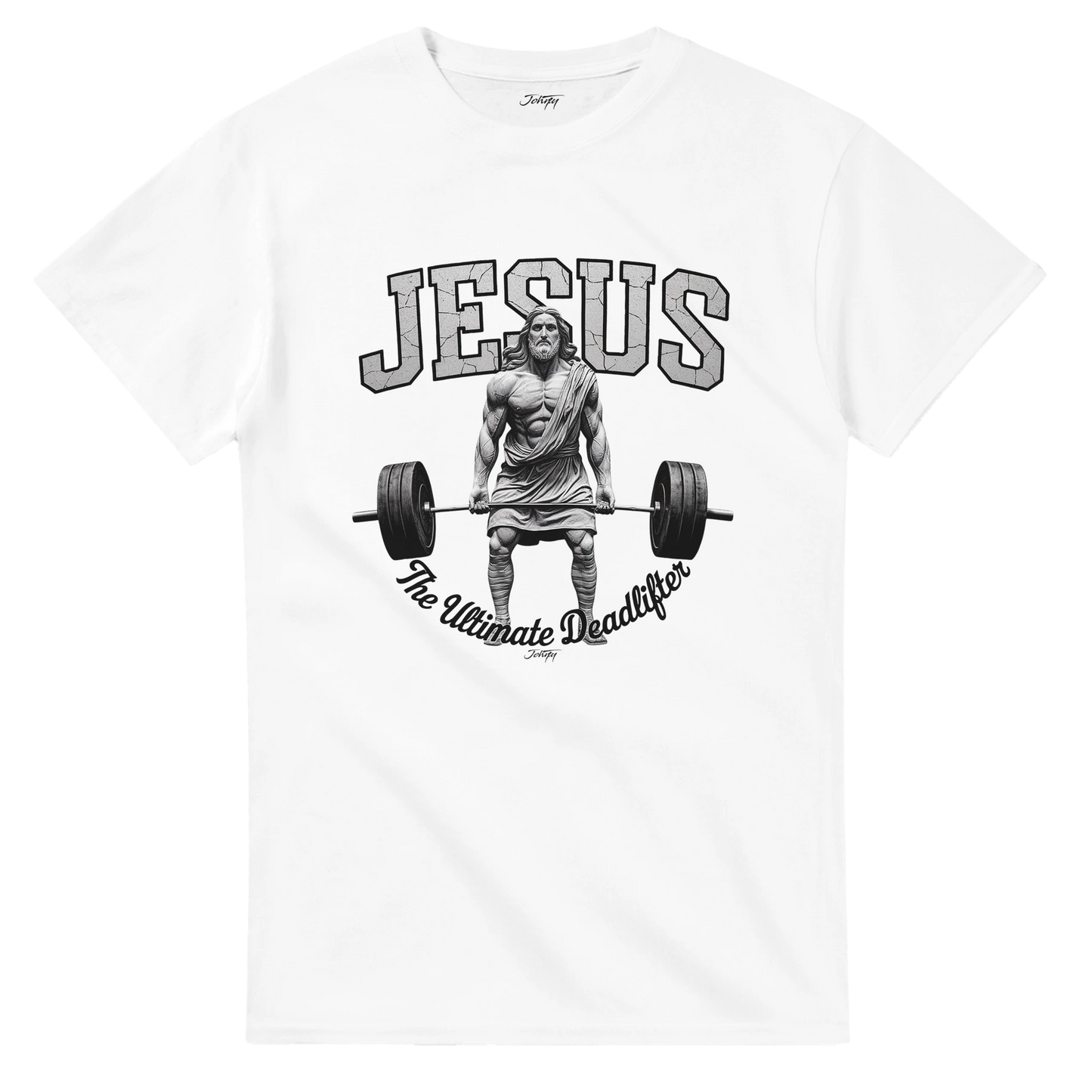 Christian workout shirt showing Jesus lifting a barbell with “The Ultimate Deadlifter” design.
