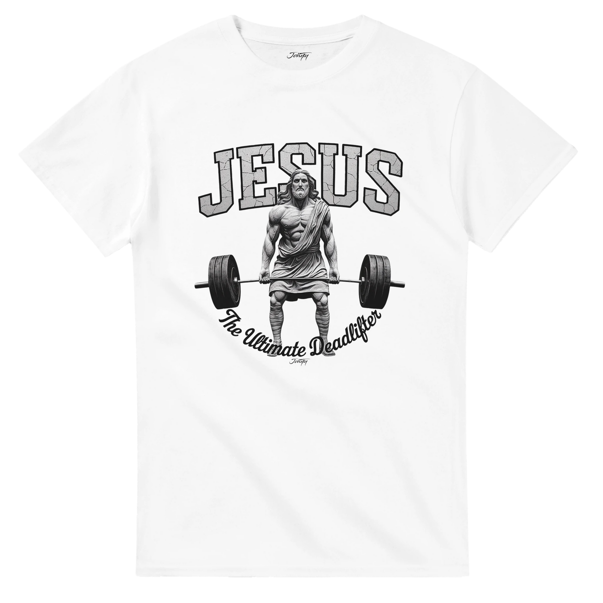 Christian workout shirt showing Jesus lifting a barbell with “The Ultimate Deadlifter” design.