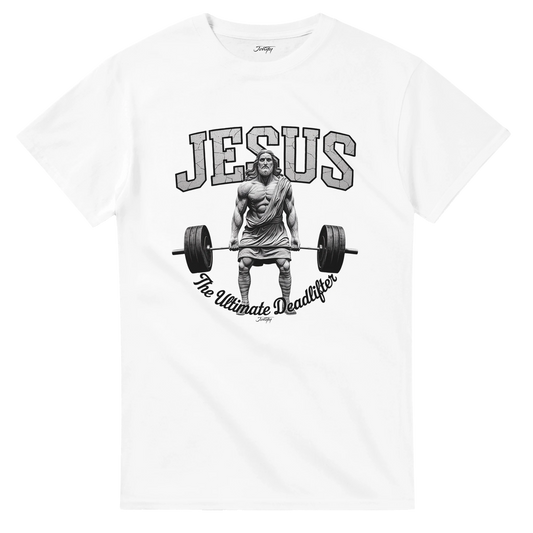 Christian workout shirt showing Jesus lifting a barbell with “The Ultimate Deadlifter” design.