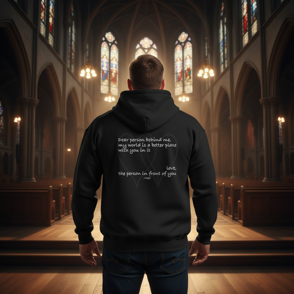 Black hoodie with heartfelt quote on the back reading, “Dear person behind me, my world is a better place with you in it. Love, the person in front of you.” Shown worn by a person standing in a church, symbolizing kindness, gratitude, and connection.