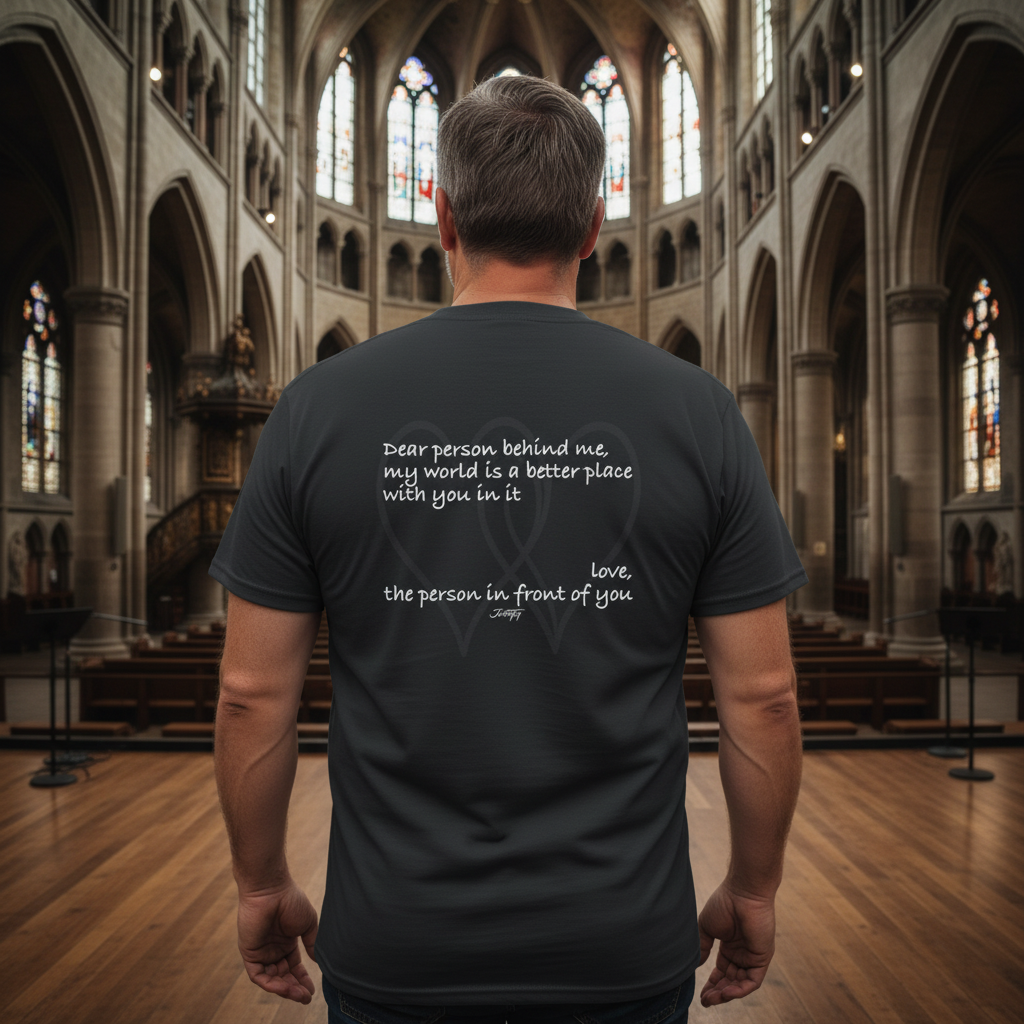 Black T-shirt featuring the heartfelt quote “Dear person behind me, my world is a better place with you in it. Love, the person in front of you.” A meaningful and uplifting design promoting kindness, positivity, and connection.