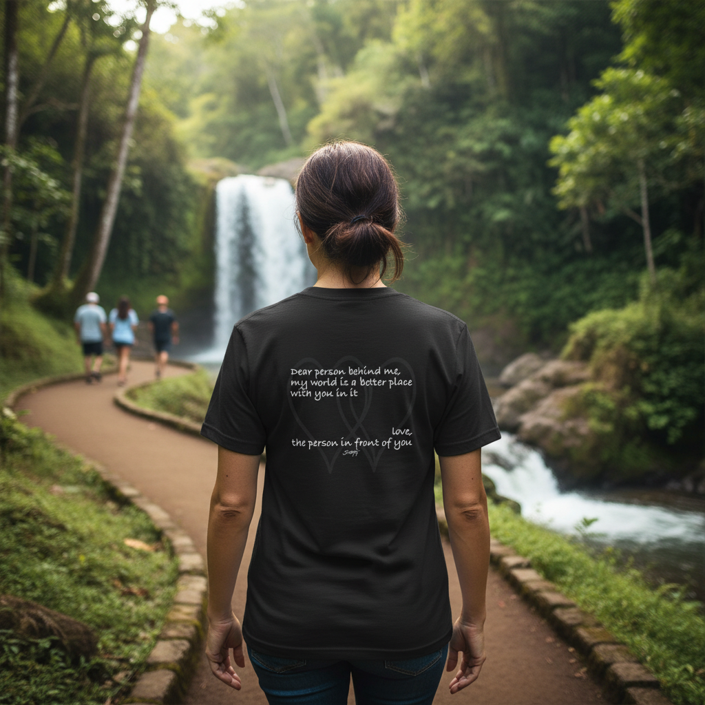 Black t-shirt featuring the uplifting quote “Dear person behind me, my world is a better place with you in it. Love, the person in front of you.” — displayed on the back. Inspirational shirt promoting kindness, connection, and positivity.