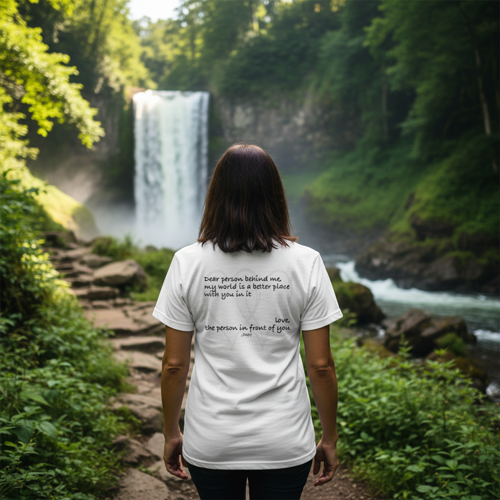 Inspirational white T-shirt featuring the quote, “Dear person behind me, my world is a better place with you in it. Love, the person in front of you.” A heartfelt and encouraging shirt that spreads kindness, connection, and positivity.