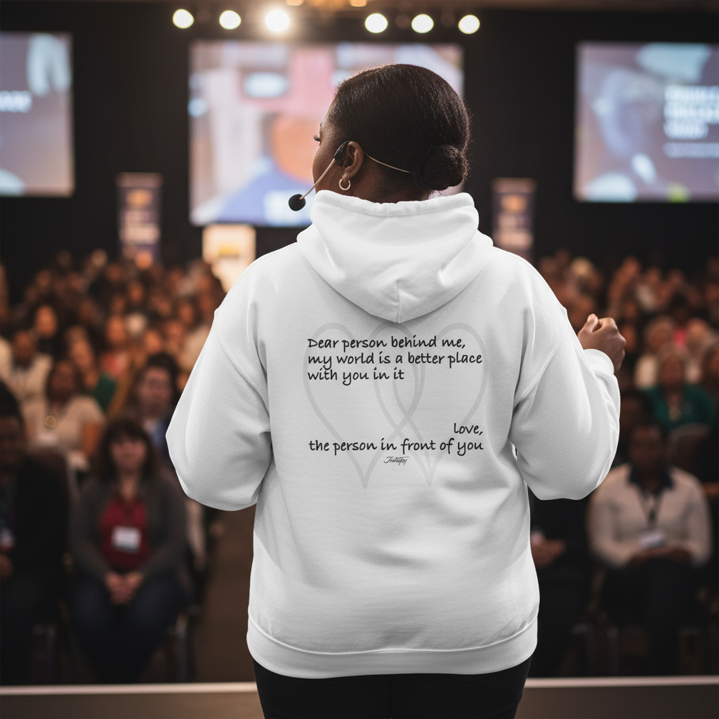 Woman speaking confidently on stage to a large audience while wearing a white hoodie with the text “Dear person behind me, my world is a better place with you in it.” A powerful and inspiring moment representing kindness, leadership, and positivity.