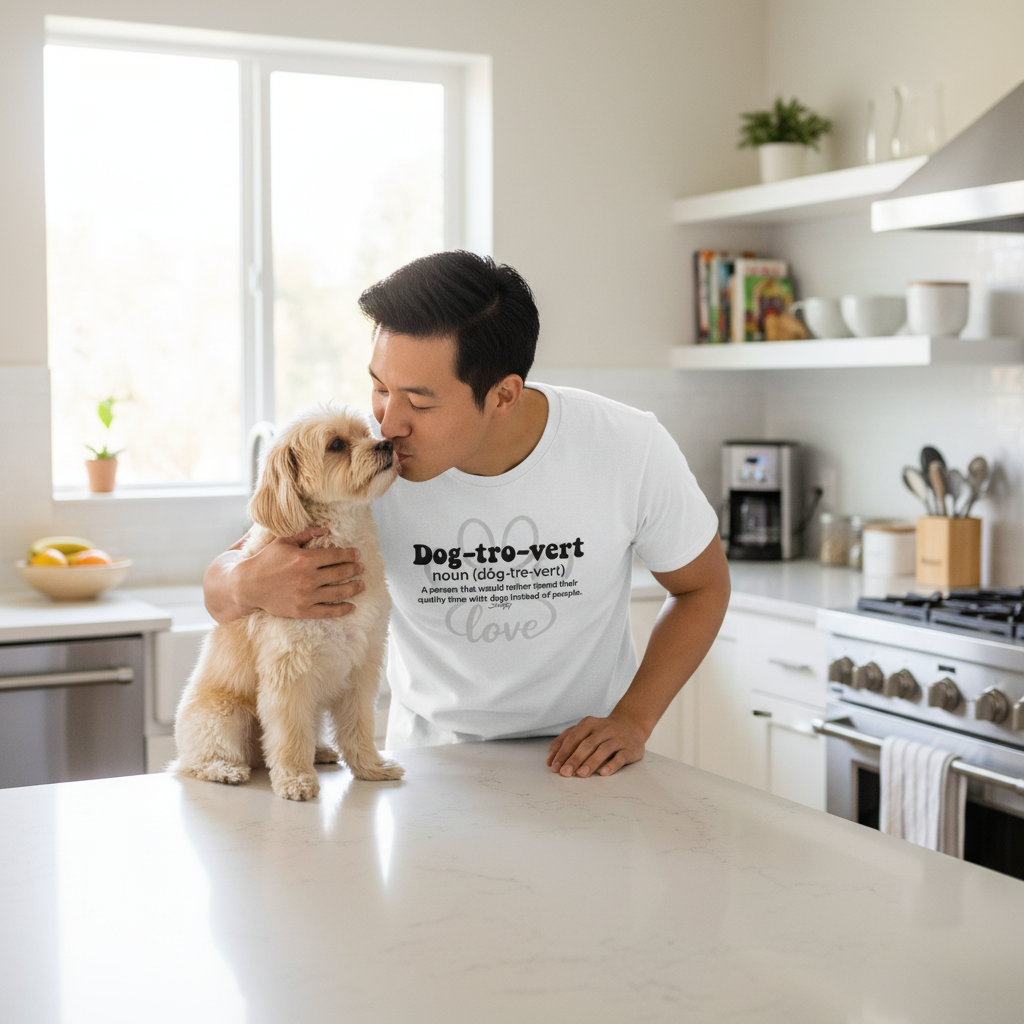 Smiling man in a white “Dog-tro-vert” T-shirt kisses his small dog sitting on a kitchen counter, capturing the joy of spending quality time with pets over people.