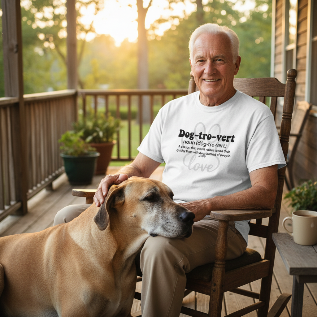 Older man relaxing on a wooden porch with his large dog resting beside him, wearing a white “Dog-tro-vert” T-shirt that humorously defines someone who prefers spending time with dogs over people.