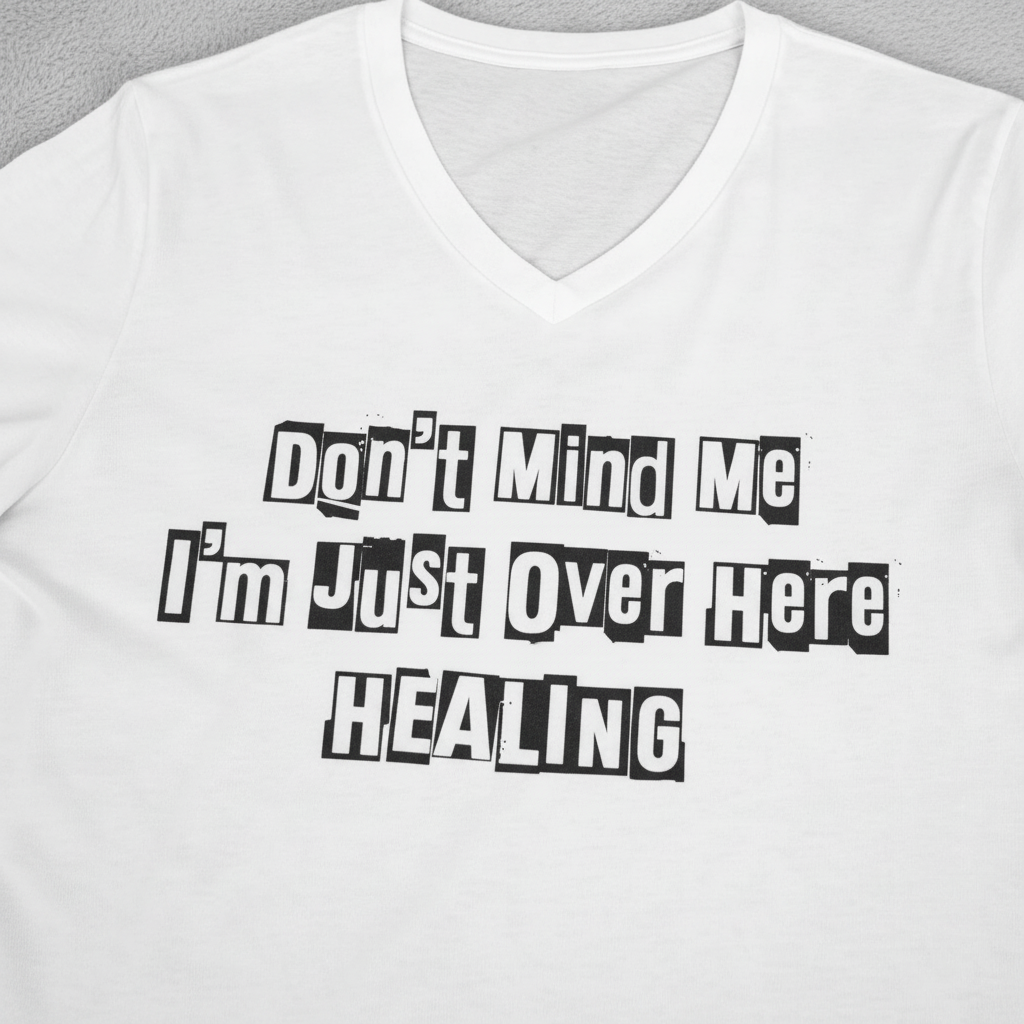 Close-up view of a white JohnT V-neck T-shirt showing the printed text “Don’t Mind Me I’m Just Over Here Healing” with visible fabric texture and stitching.