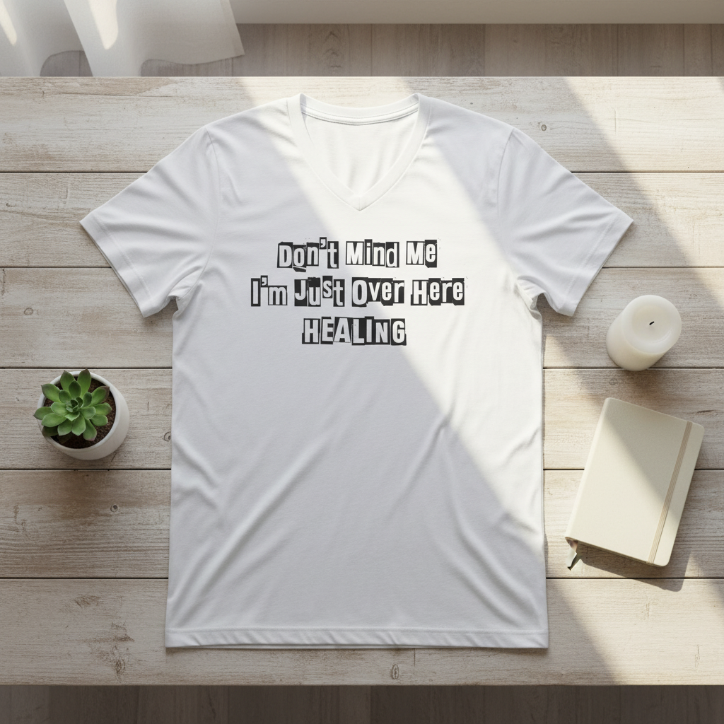 White JohnT V-neck T-shirt laid flat on a wooden surface with sunlight, a succulent plant, a candle, and a journal, featuring the printed text “Don’t Mind Me I’m Just Over Here Healing.”
