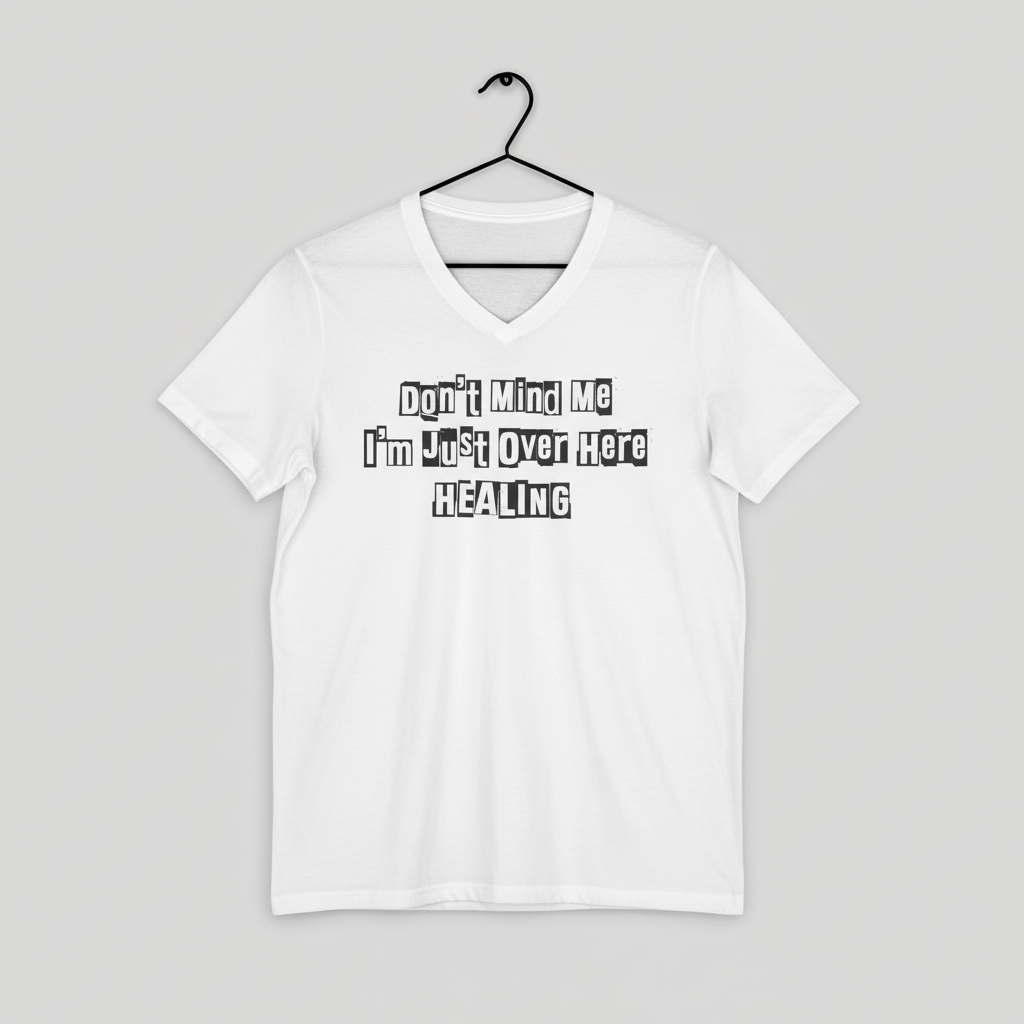 White JohnT V-neck T-shirt hanging on a black hanger with the printed text “Don’t Mind Me I’m Just Over Here Healing” on a clean neutral background.