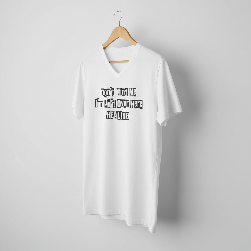 White JohnT V-neck T-shirt hanging on a wooden hanger, shown from a slight side angle, with the printed text “Don’t Mind Me I’m Just Over Here Healing.”