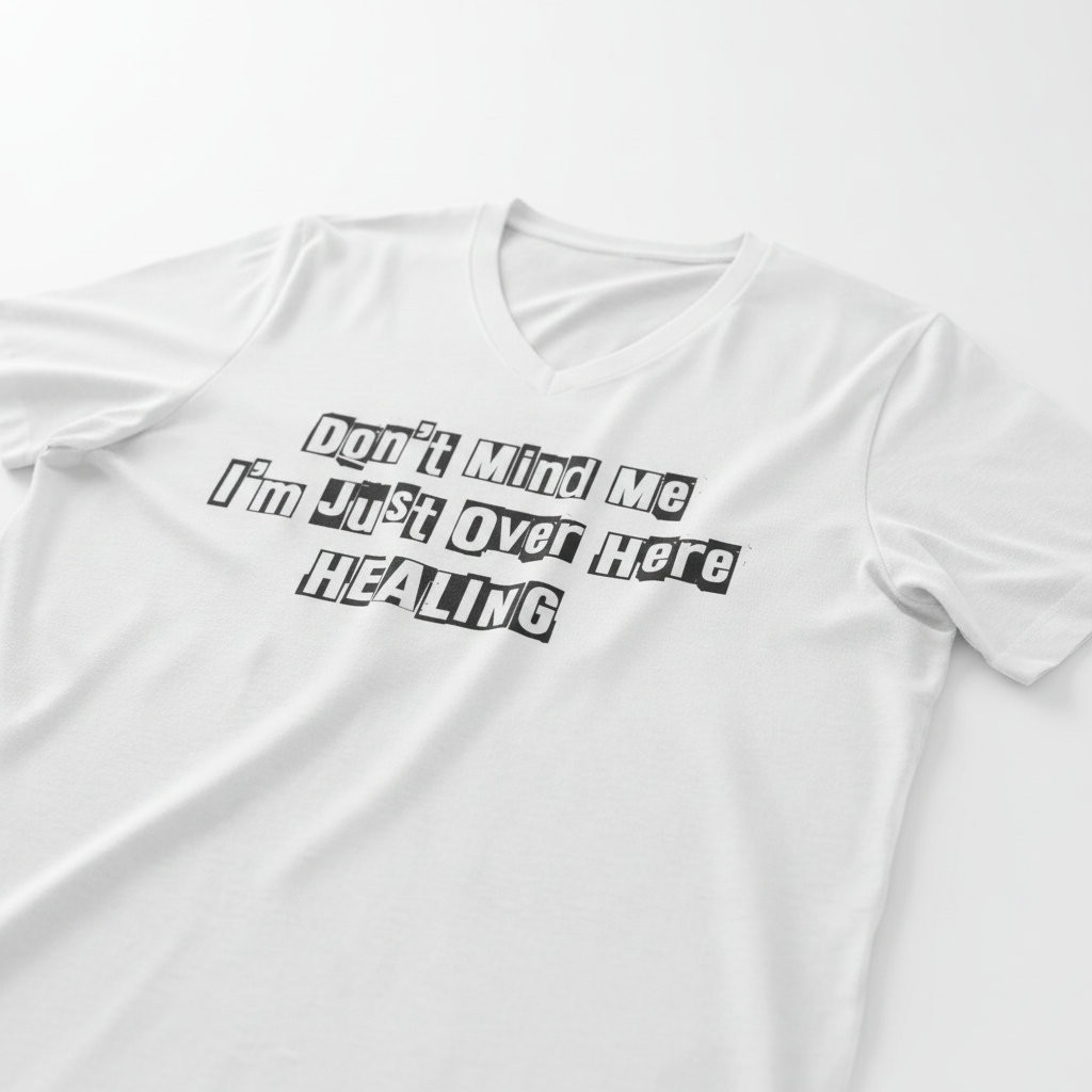 White JohnT V-neck T-shirt laid flat at a slight angle with the printed text “Don’t Mind Me I’m Just Over Here Healing” displayed clearly on the front.