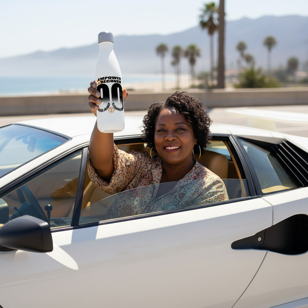 Woman sitting in a white sports car holding up an Empower2Recover “90 Days and Counting” recovery water bottle near the beach