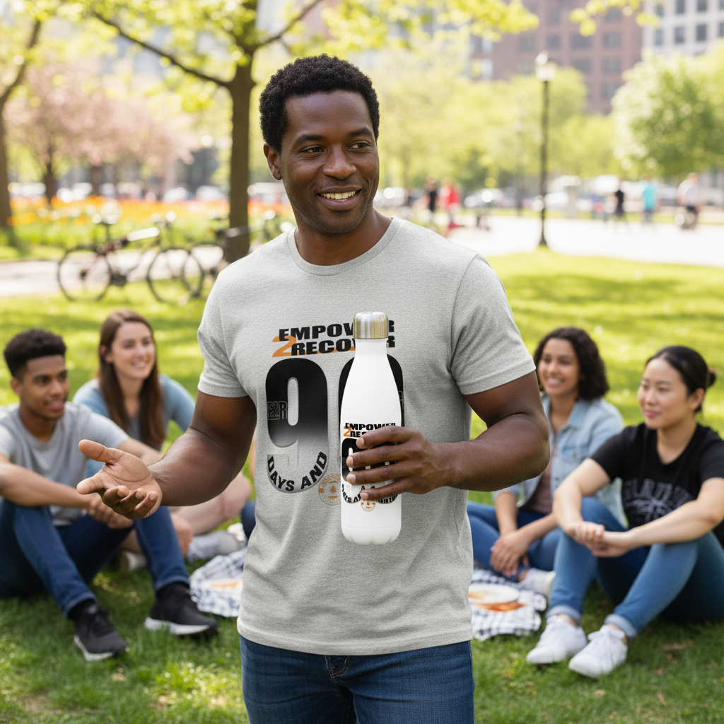 Man wearing an Empower2Recover “90 Days and Counting” recovery T-shirt and holding the matching water bottle while talking with friends in a sunny park