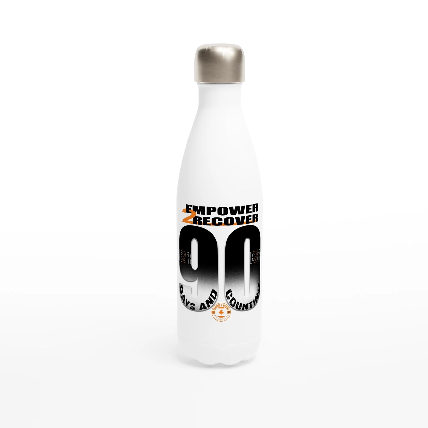 White Empower2Recover “90 Days and Counting” recovery water bottle with bold gradient numbers and logo