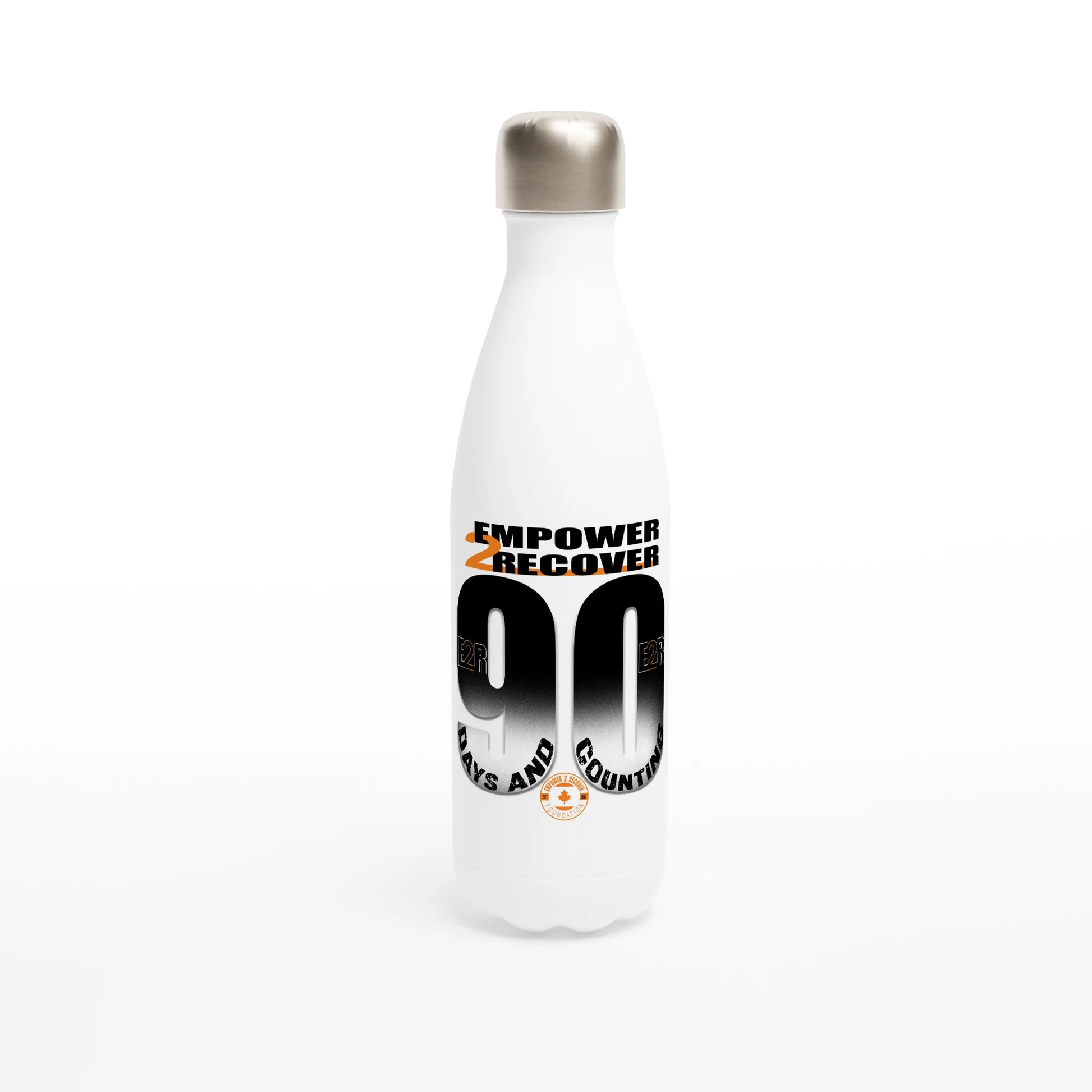 White Empower2Recover “90 Days and Counting” recovery water bottle with bold gradient numbers and logo
