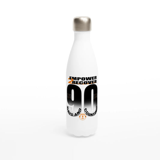 White Empower2Recover “90 Days and Counting” recovery water bottle with bold gradient numbers and logo