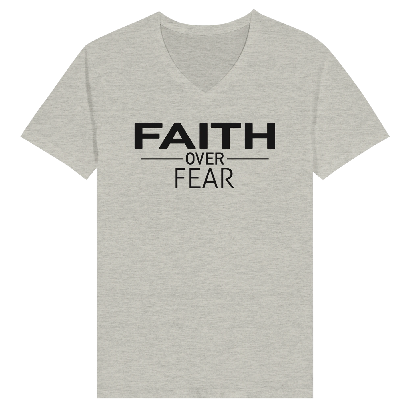Faith Over Fear inspirational Christian T-shirt in heather grey by Johny-T, minimalist black typography spiritual apparel design
