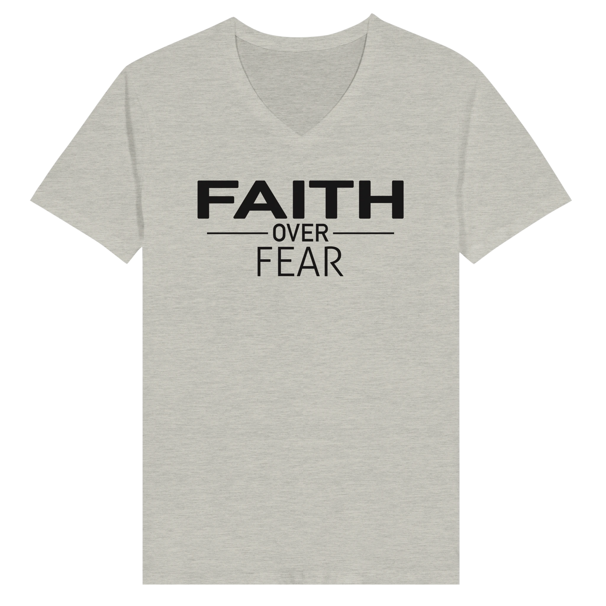 Faith Over Fear inspirational Christian T-shirt in heather grey by Johny-T, minimalist black typography spiritual apparel design