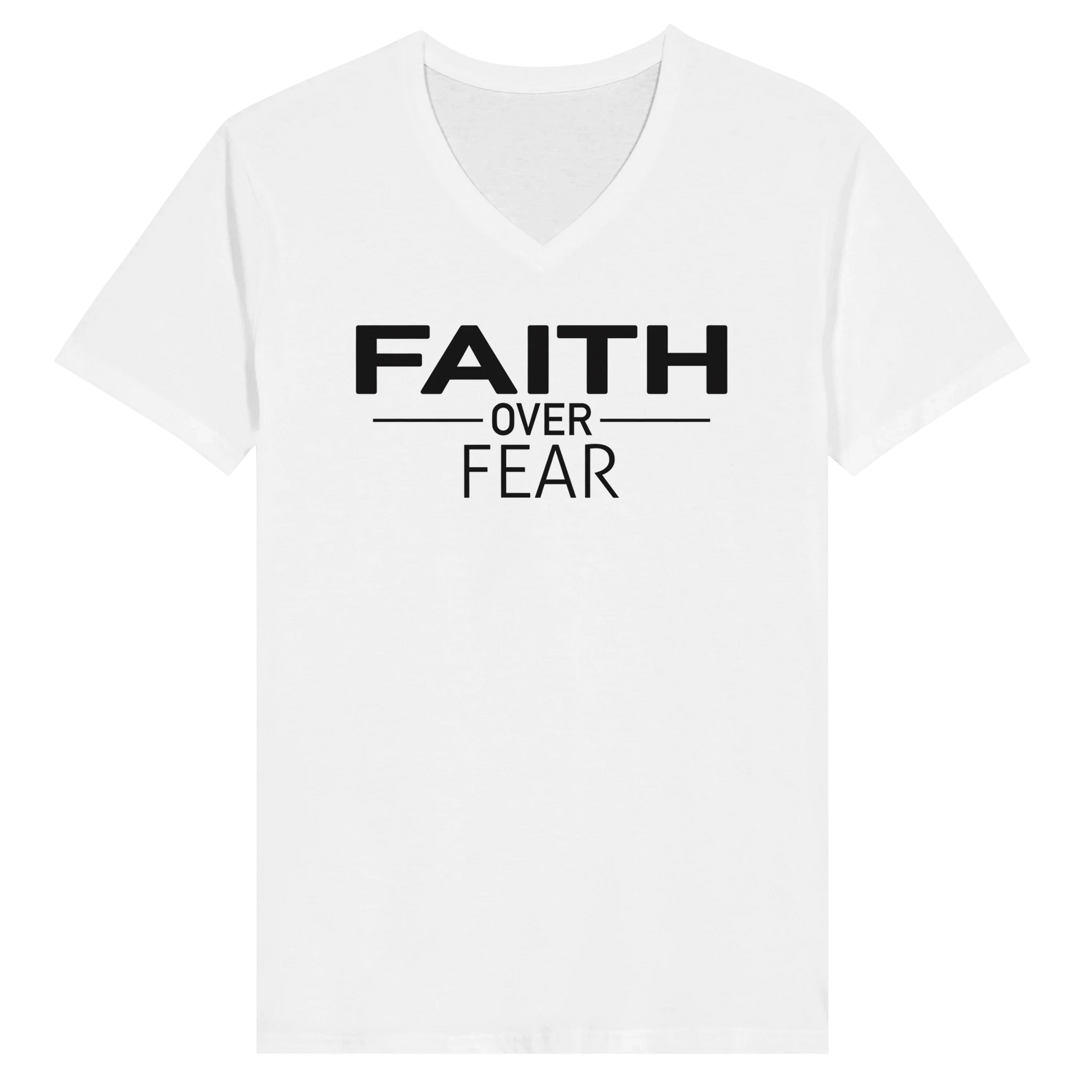 Faith Over Fear minimalist Christian typography T-shirt by Johny-T, inspirational spiritual apparel with bold black lettering on a white tee
