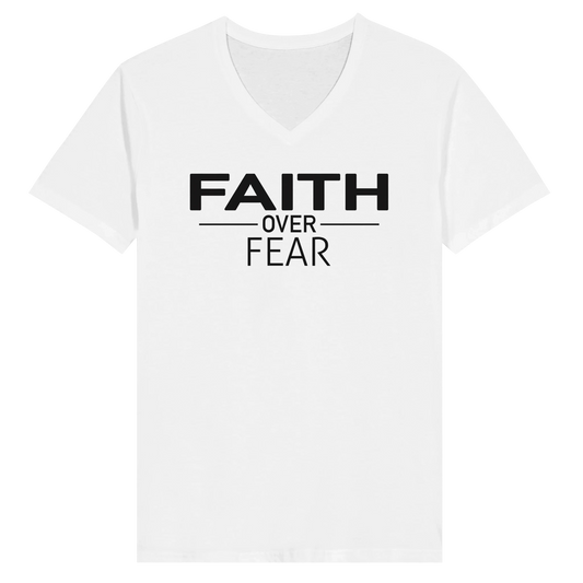Faith Over Fear minimalist Christian typography T-shirt by Johny-T, inspirational spiritual apparel with bold black lettering on a white tee