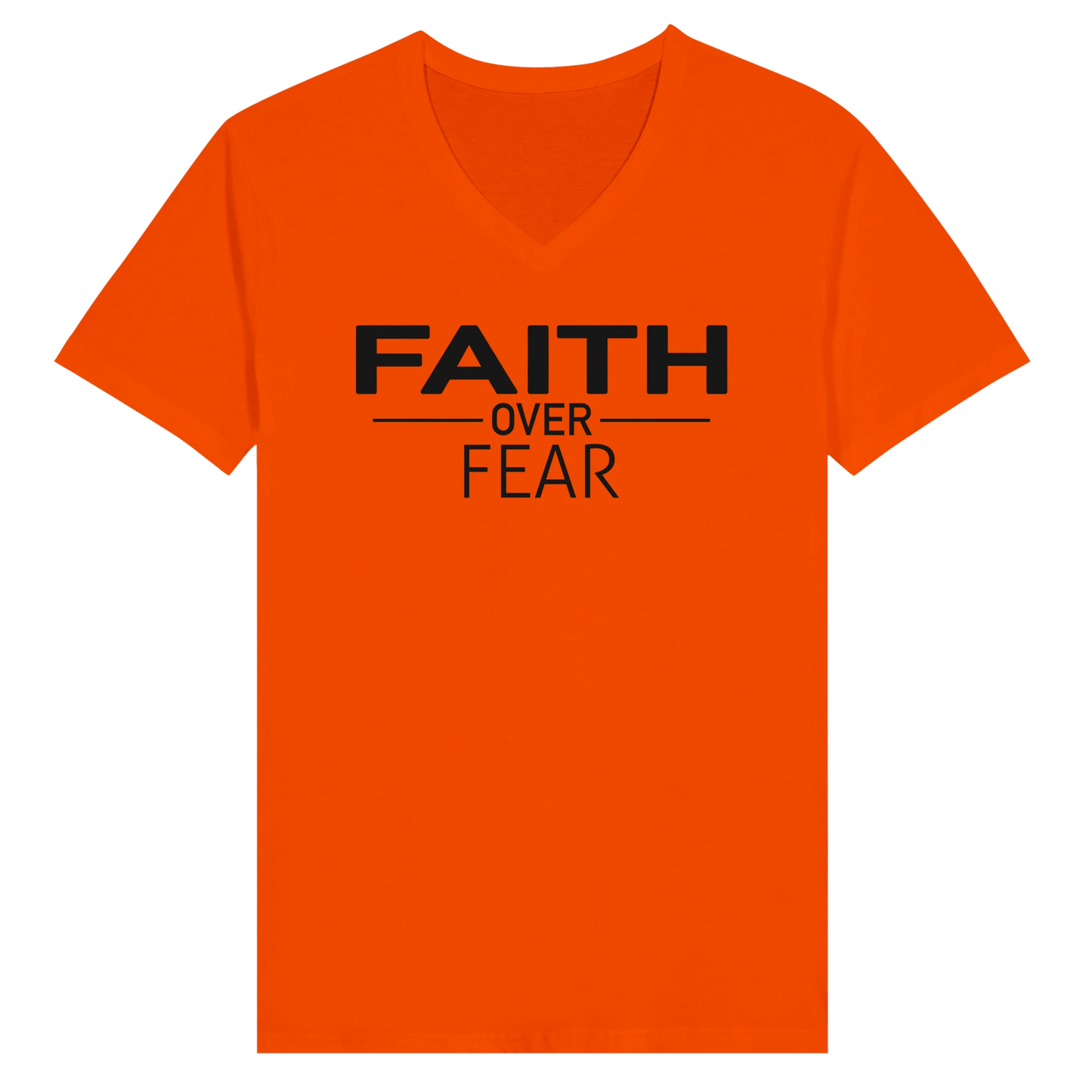 Faith Over Fear inspirational Christian T-shirt in bright orange by Johny-T, bold black minimalist typography spiritual apparel design