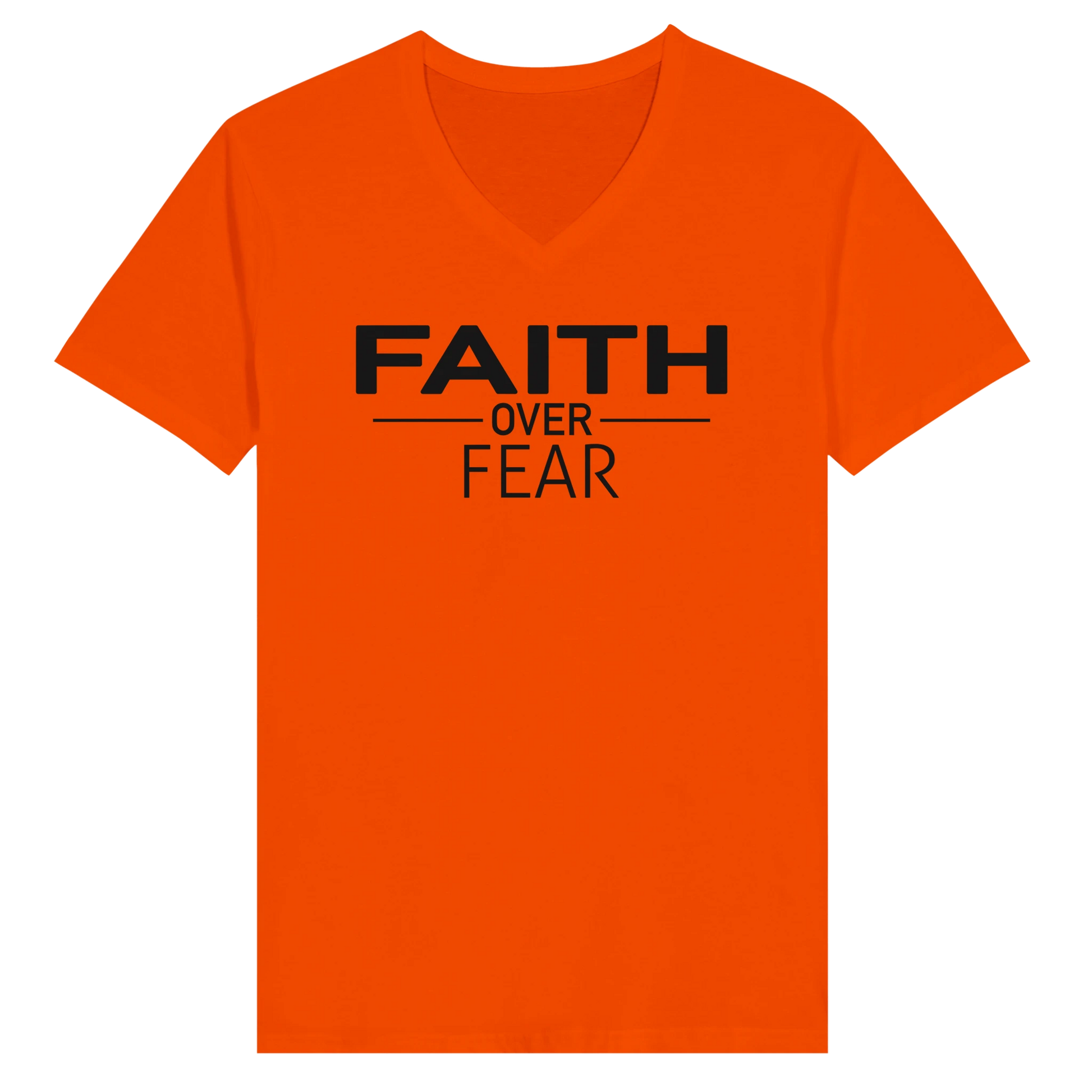 Faith Over Fear inspirational Christian T-shirt in bright orange by Johny-T, bold black minimalist typography spiritual apparel design
