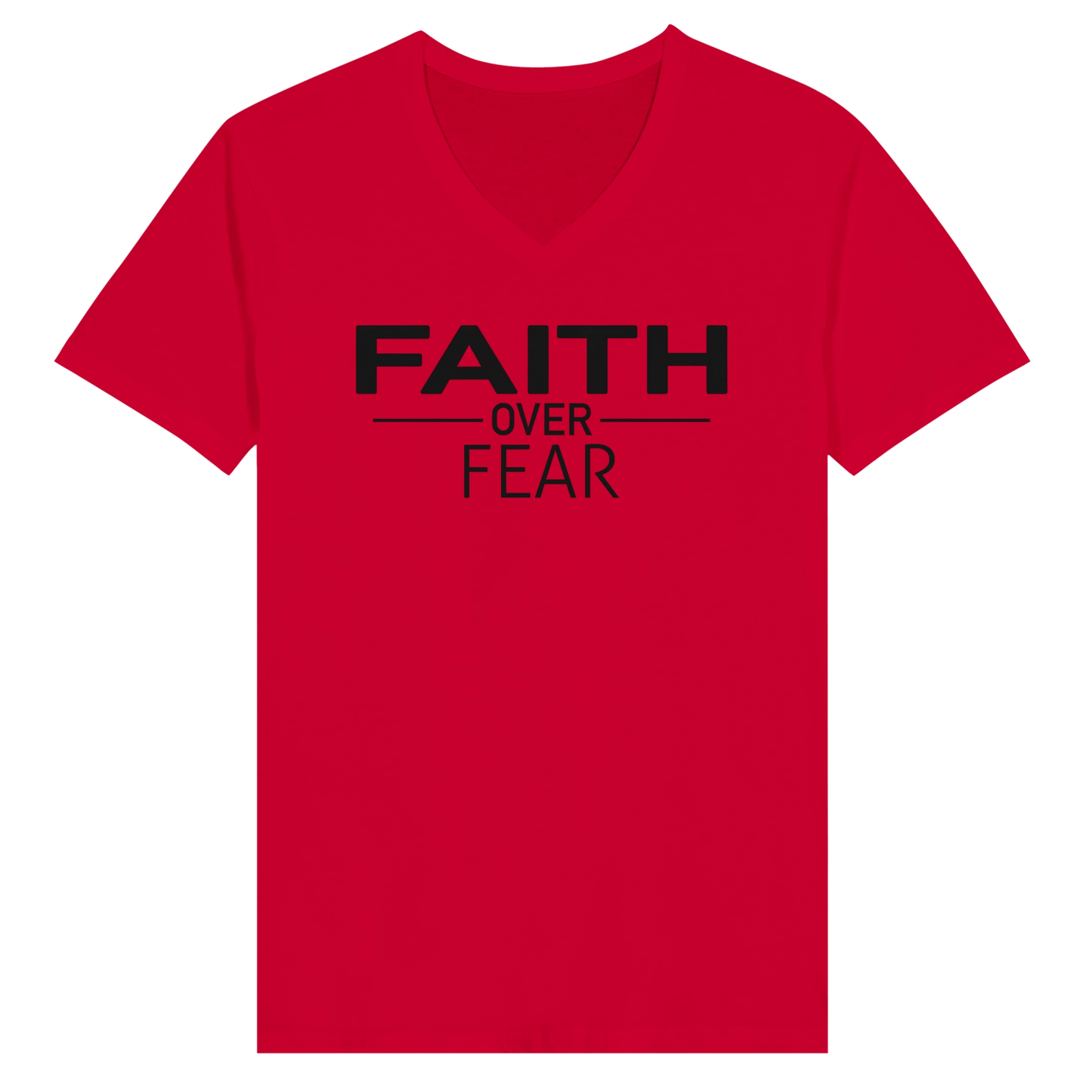 Faith Over Fear inspirational Christian T-shirt in bold red by Johny-T, minimalist black typography spiritual apparel design