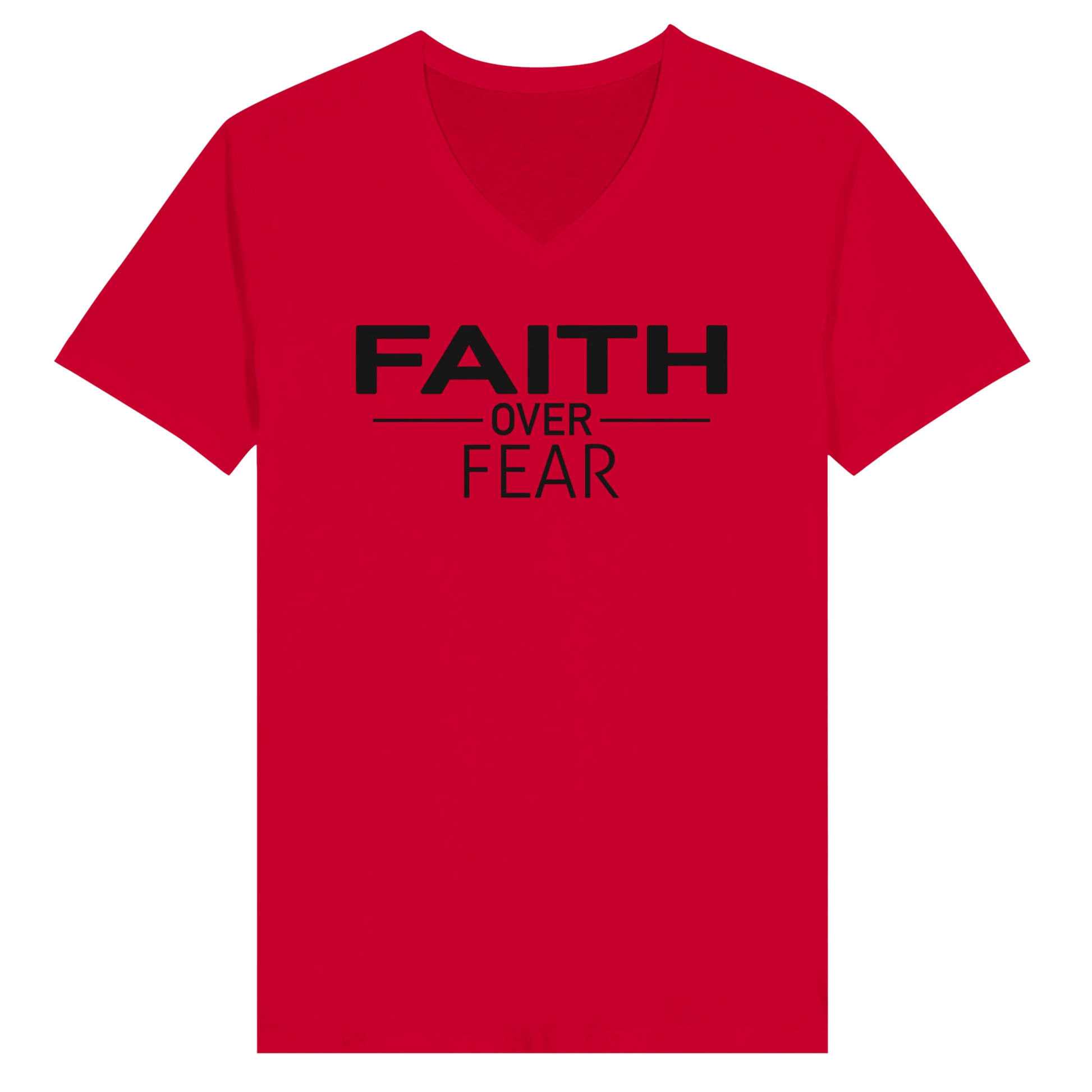 Faith Over Fear inspirational Christian T-shirt in bold red by Johny-T, minimalist black typography spiritual apparel design